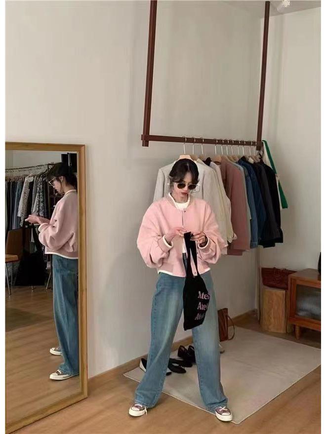 Korean-Style Pink Women's Spring Baseball Jacket - Lightweight, Loose-Fit, Casual, High-End Design