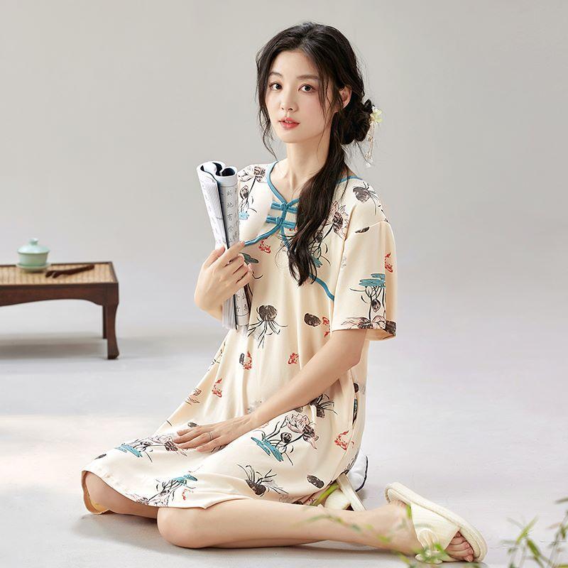 Summer Large Size Vintage Printed Night Dress Women Short Sleeve Cotton Sleep Shirt Loose Ladies Nightwear Nightgowns