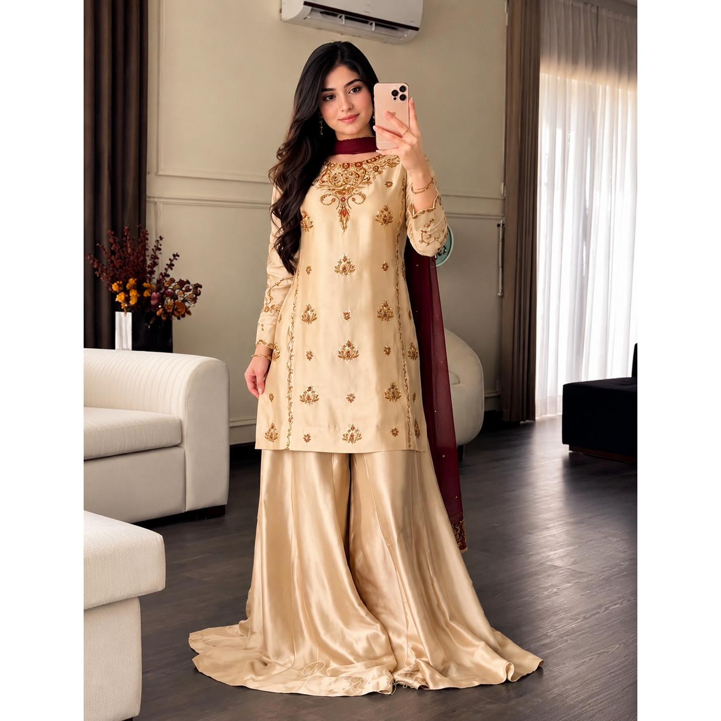 Pure Natural Crep Desigenr Sharara Suit Indian Wedding Wear Ethnic Salwar Kameez