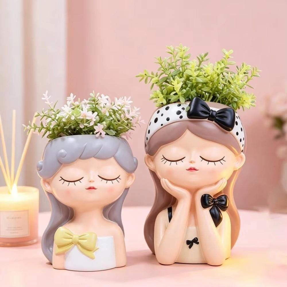 Resin Fairy Flowerpot Nordic Style Bonsai Vase Girl Statue Girl Face Planter Pot Balcony