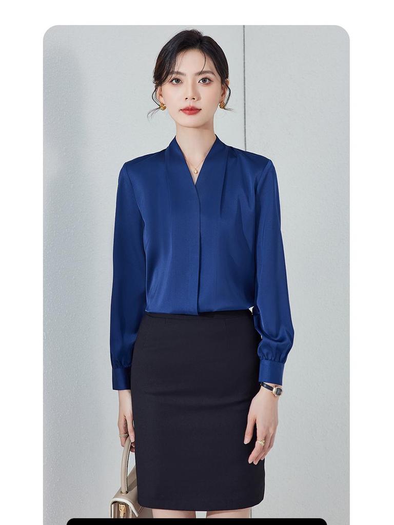 Black V-Neck Long Sleeve Women's Shirt - Petite Professional Interview Wear for Spring and Autumn
