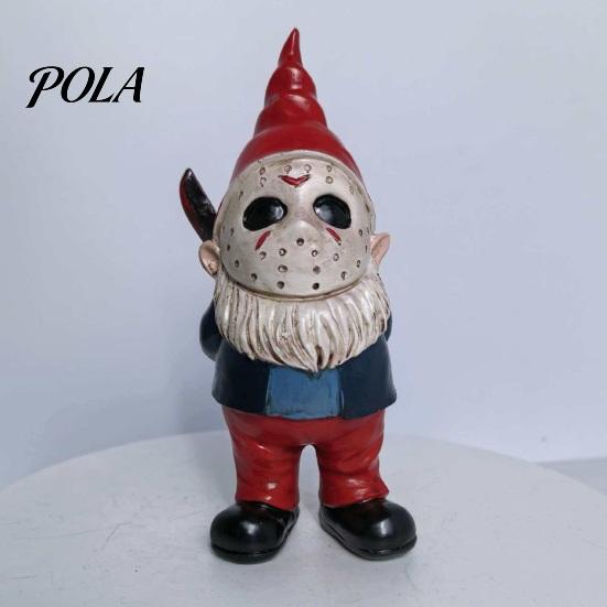 Cute Scary Masked Gnomes Halloween Voorhees Resin Figurine, Horror Hockey Mask Gnome Statue Durable Indoor Window Displays with Knife, Distressed