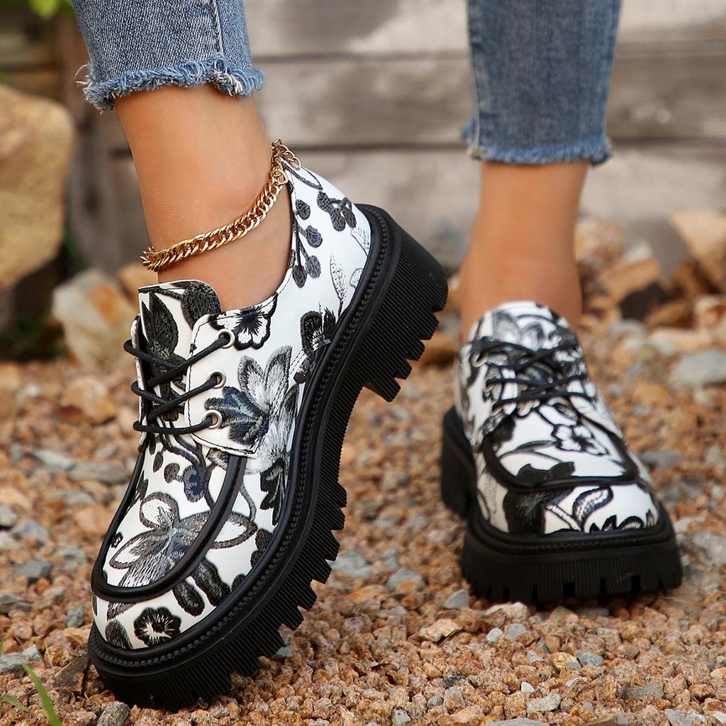 Mode Mode Floral Bedruckte Plateauschuhe Damen 2024 Herbst PU-Leder Freizeitschuhe Frau Bequeme Rutschfeste Ballerinas Zapatoas Mujer