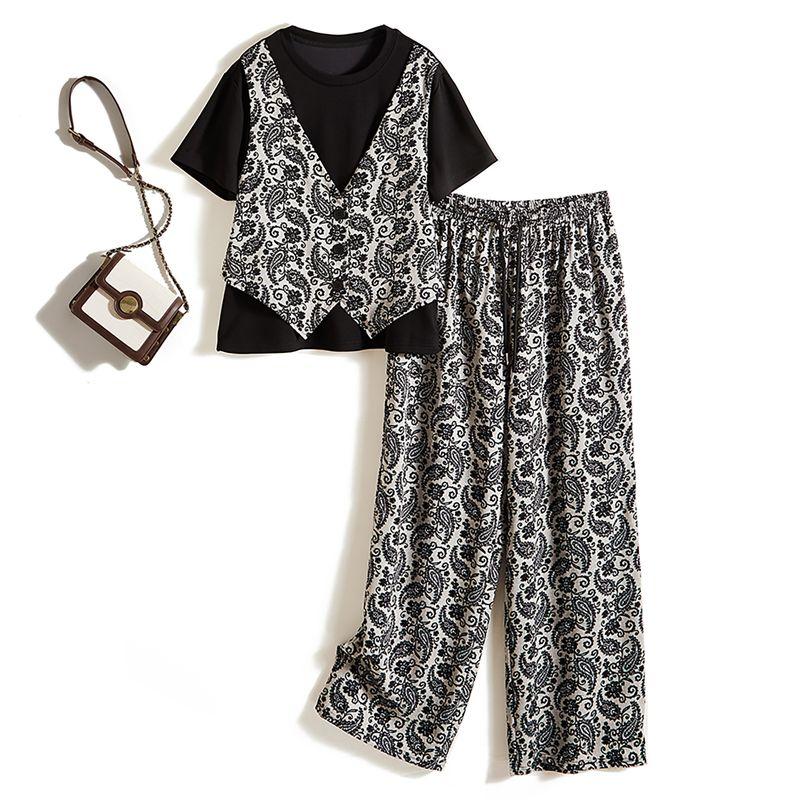 

Покажите брюки от костюма с принтом Высота моды! Женская футболка с коротким рукавом, имитирующая двойку + эластичные широкие брюки из поплинового шелка Black L