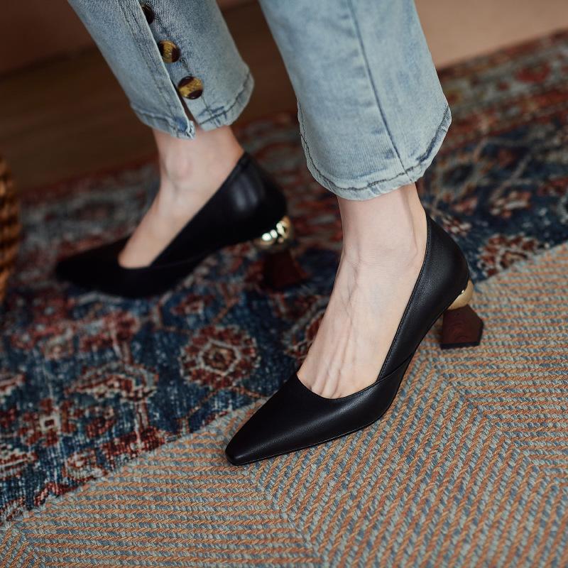 Chic super beautiful self-retention! Inside and outside full leather high heels square head spring and autumn single shoes thick heel women's shoes sh