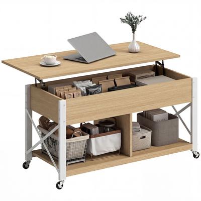 Lift-Top Coffee Table with Wheels, Living Room Table with Hidden Compartment, Open Shelves, Natural Wood and White