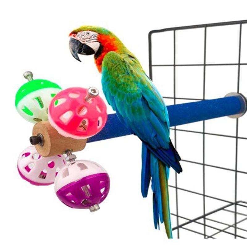 Wood Bird Perch Stand With Rotating Bells Balls Cage Exercise Toy For Conures Parrotlets Cage Entertainment Activity Toy