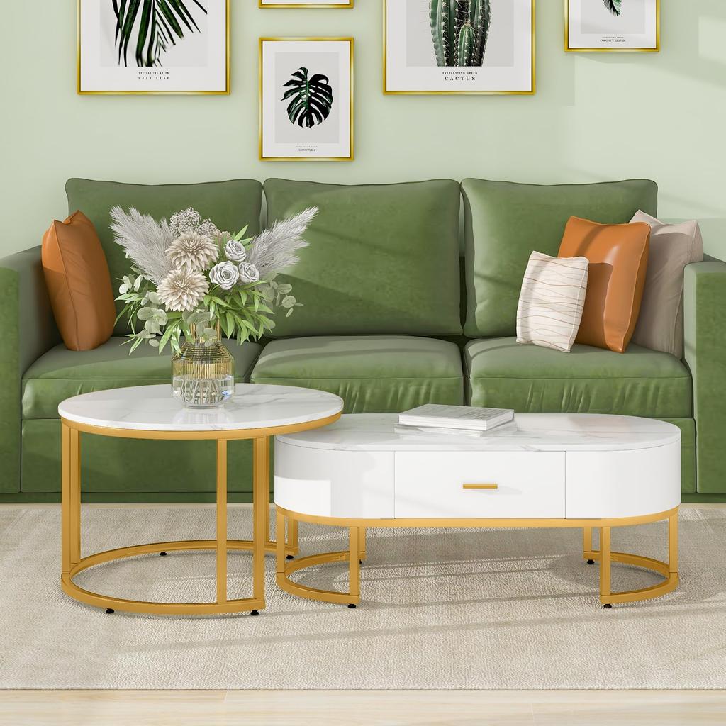 Couchtisch Rund 2er Set Satztische, Moderne Edle Nesting Kaffeetisch Oval Sofatisch Schubladen, Tischplatte Marmormuster, Balkon Büro, Weiß
