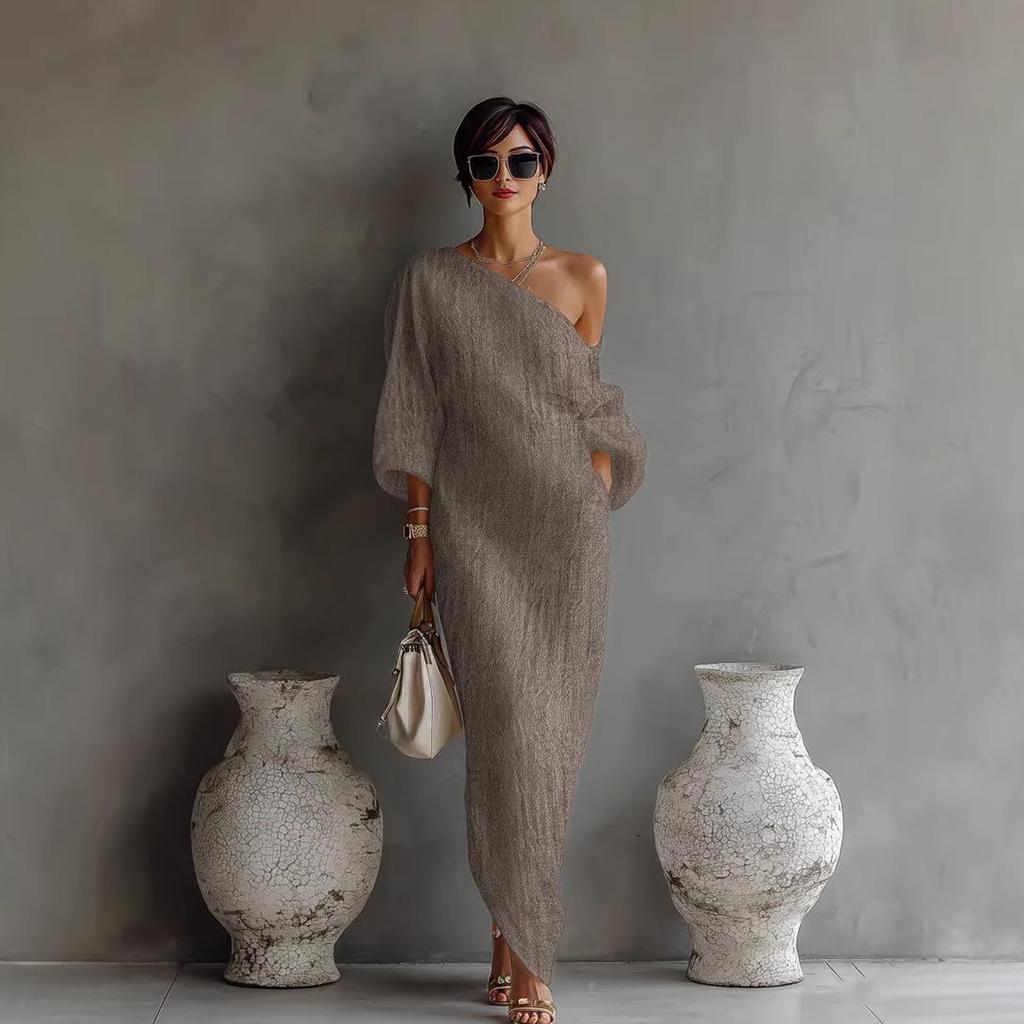 European Spring/Summer Women's Off-the-Shoulder Long Sleeve Midi Dress