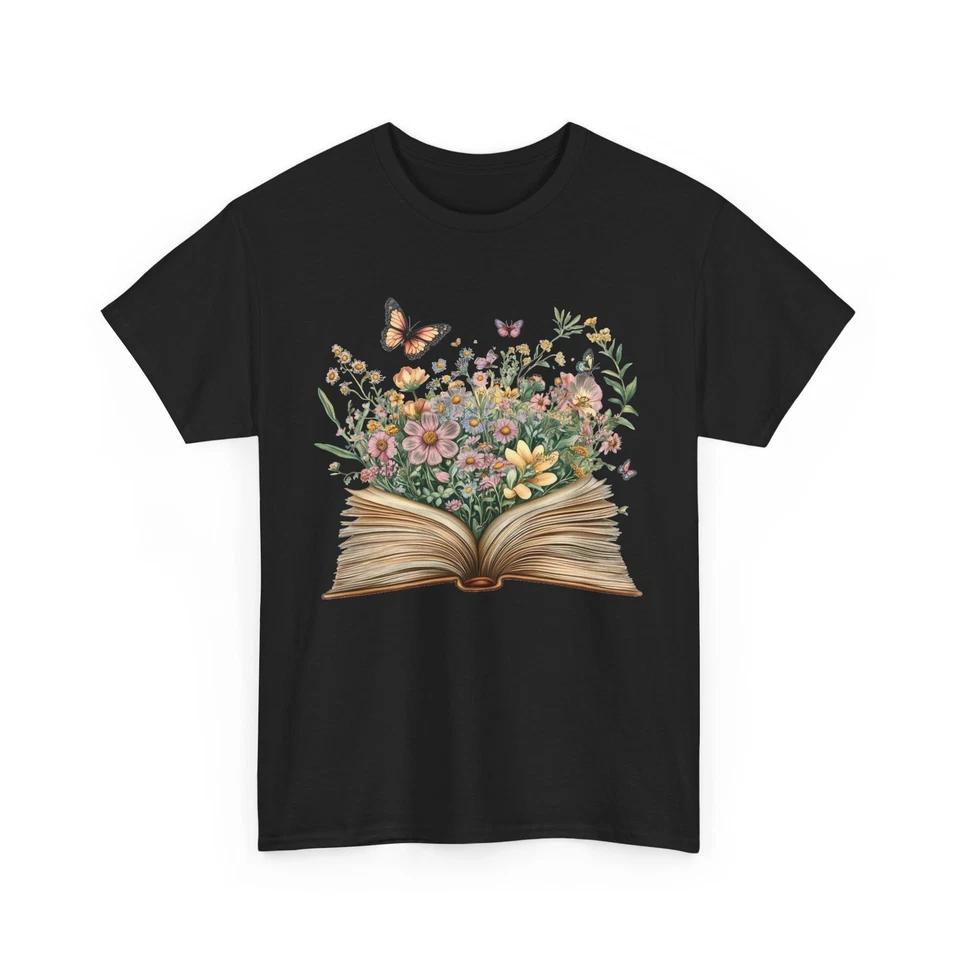 Book T-Shirt | Funny Reading Shirt | Open Book Wildflowers and Butterflies 2 L