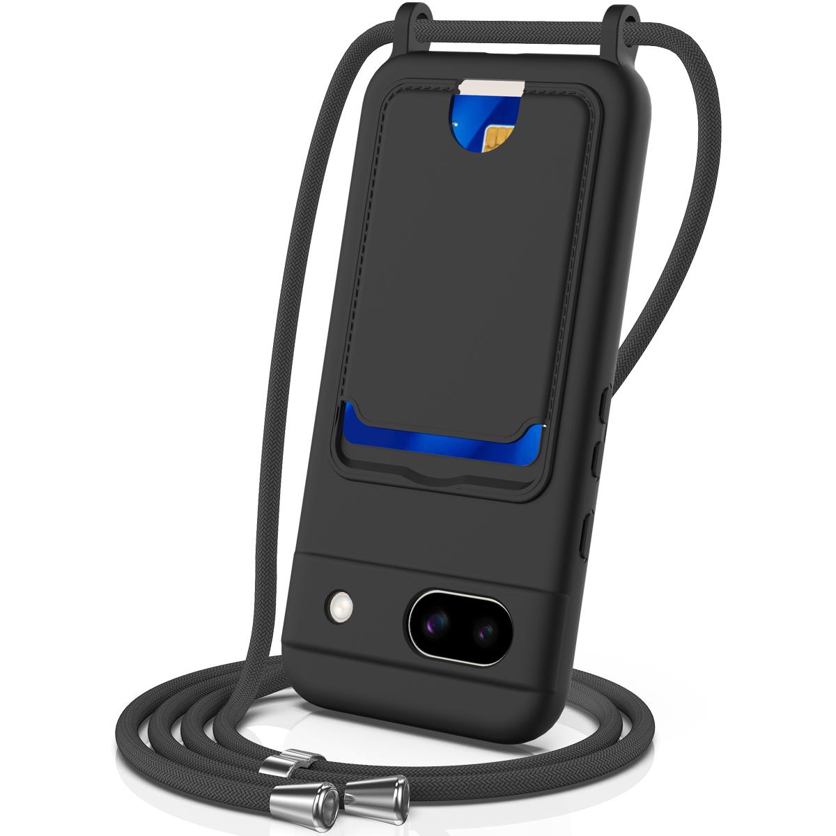 

For Google Pixel 8a Case Liquid Silicone Card Holder Phone Back Cover with Lanyard A