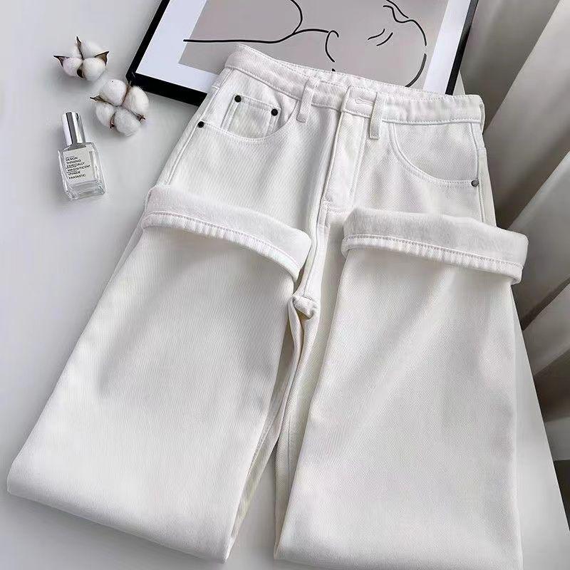 

2025 Winter Velvet-Lined High-Waist White Denim Slimming Straight-Leg Pants - Versatile Petite Fit S (85-95 jin)