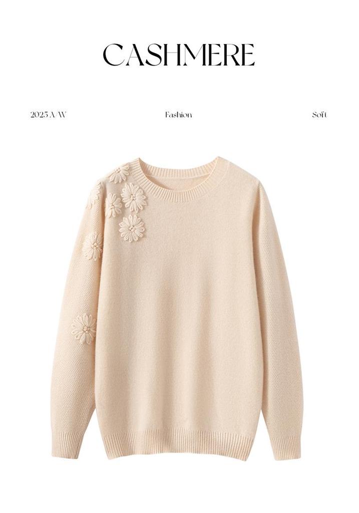 Women's Floral Embroidered Cashmere Sweater – Round Neck, Long Sleeve, Autumn/Winter 2025 Style