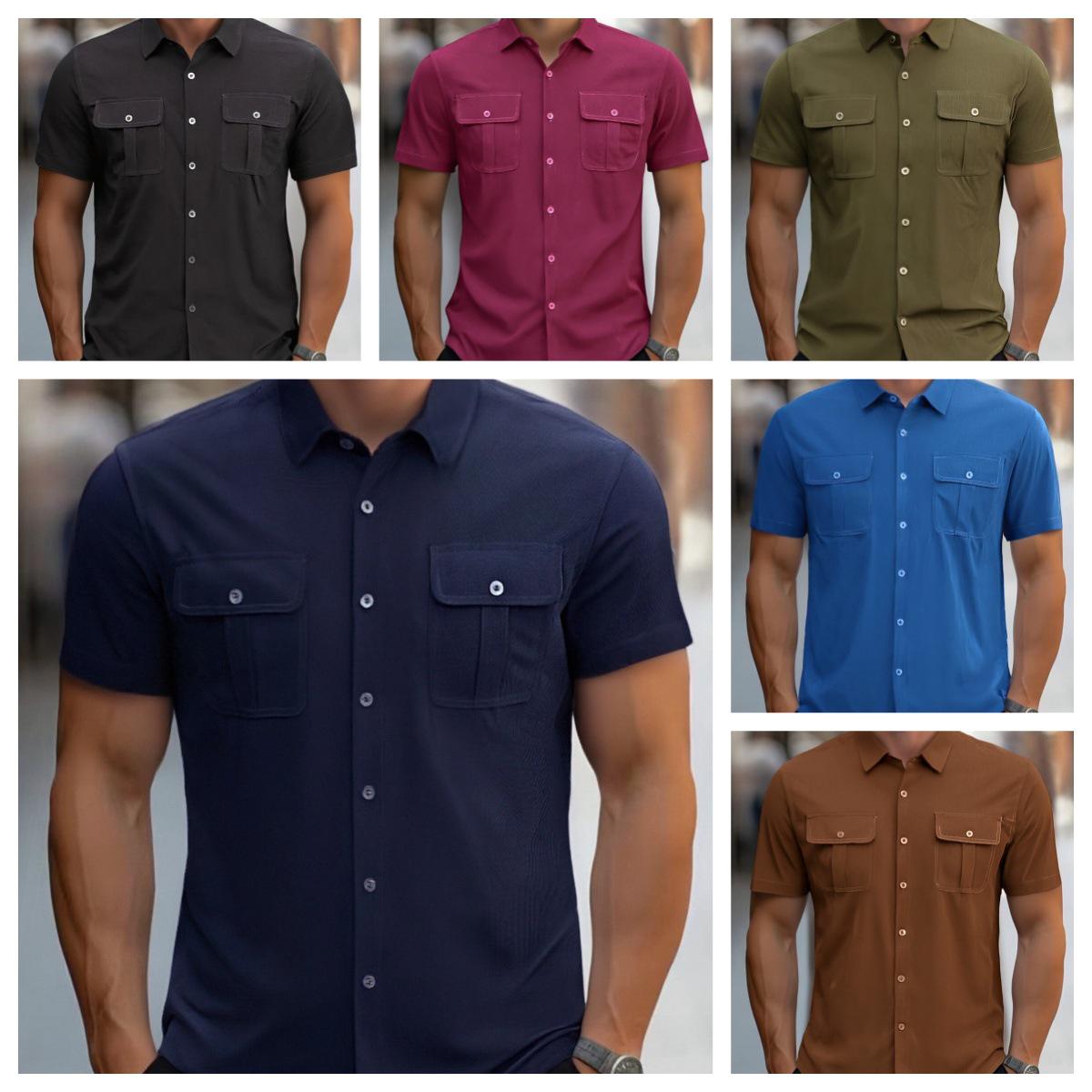 

Men s European Size Summer Corduroy Short Sleeve Beach Casual Button-Up Shirt M