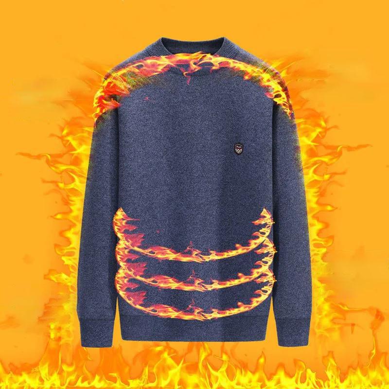Winter Plus Velvet Sweater Round Neck Knit Sweater Plus Velvet Warm Pullover Sweater Suitable for Middle-aged and Elderly Dads