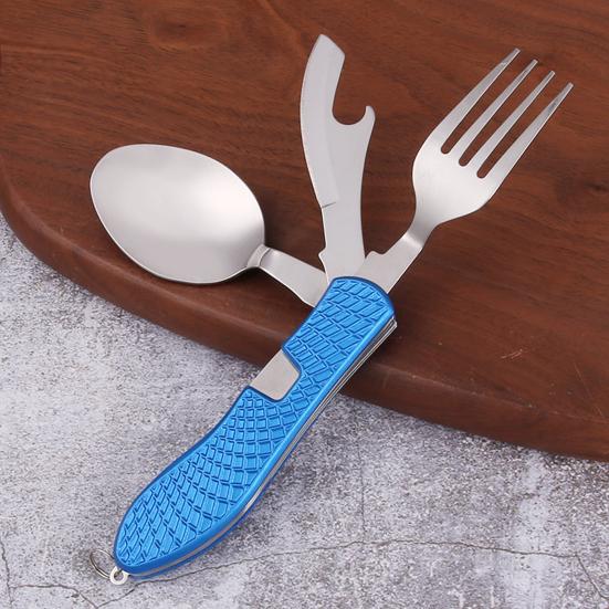 4-In-1 Folding Camping Utensils Stainless Steel Spoon Fork Knife Opener Combo Set Portable Multifunctional Lightweight Outdoor Tableware for Travel