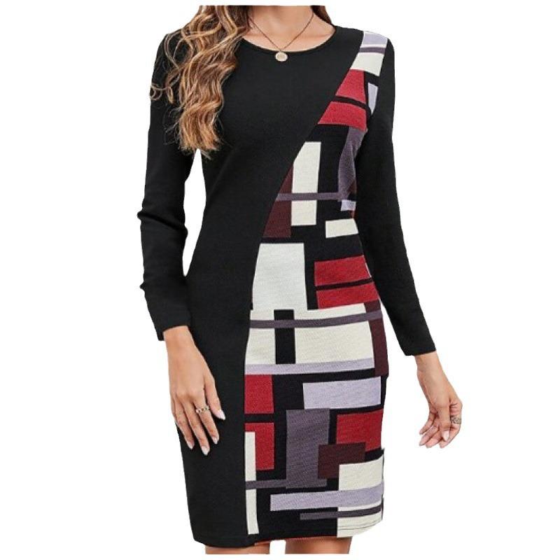 Women's Spring Summer Geometric Print Bodycon Midi Dress, Round Neck Long Sleeve Slim Fit Casual Office Work Dress