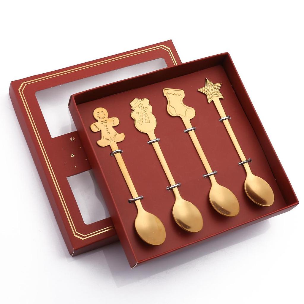4pcs Christmas Teaspoons Coffee Spoons With Gift Box Stirring Spoons Stainless Steel Tableware Snowman Stocking Star Dessert Spoon