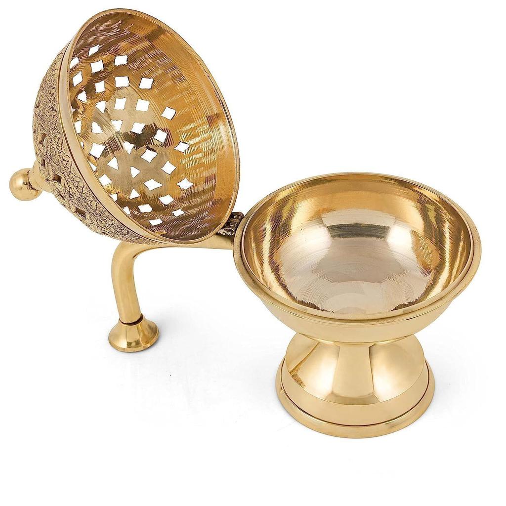 Brass Dhuna Loban Burner, Round Dhooni Dhoop Dani Incense Burner,Table-Top Brass Incense Holder for Loban, Elegant and Traditional Dhoop Dani