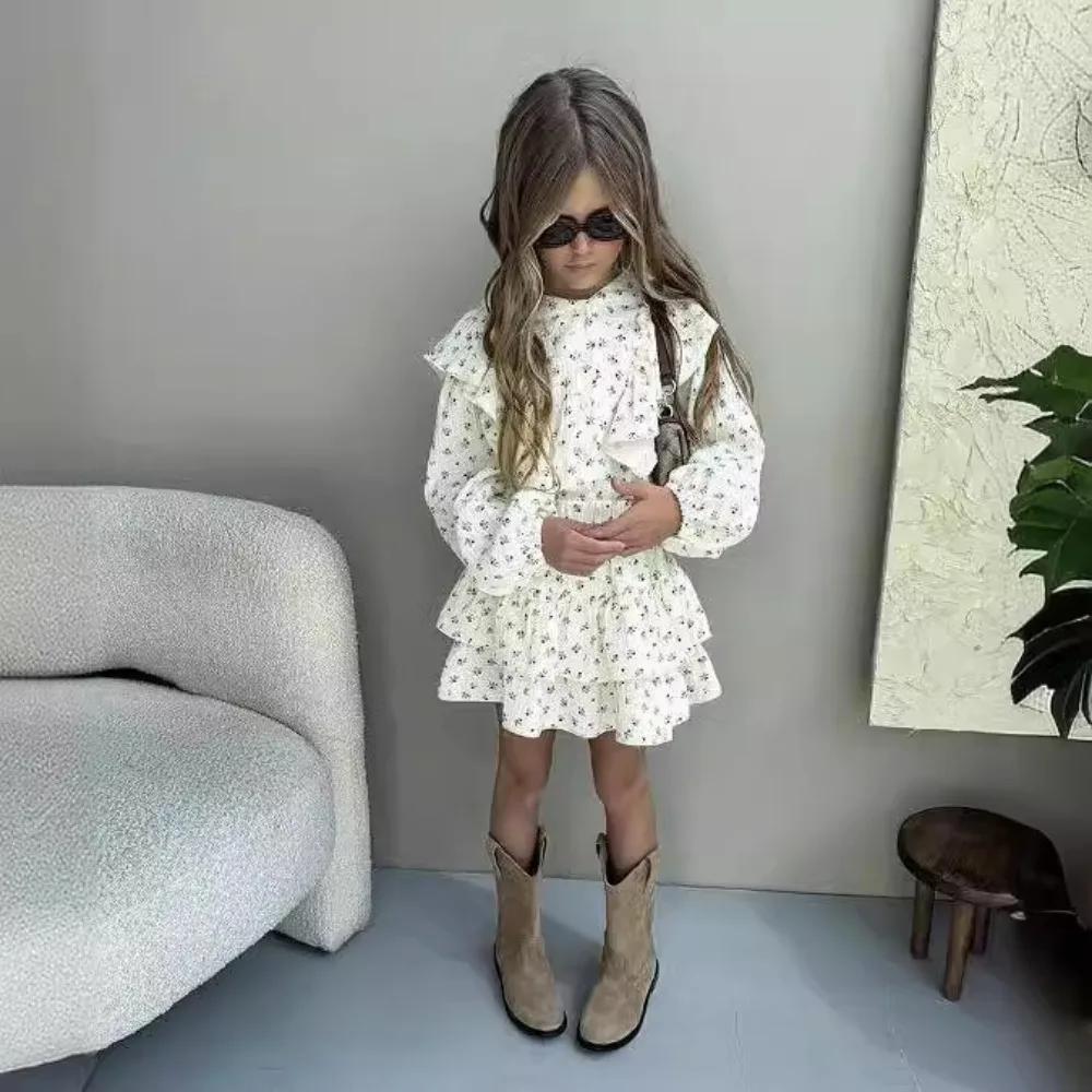 Children Clothing Girl's Dress Autumn Floral Lace Shirt+Cake Skirt Two-piece Set