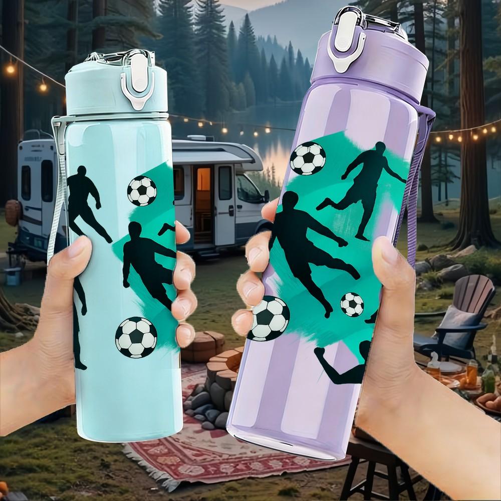 1PC Soccer Player Silhouette Group 750ml Color Plastic Sports Water Bottle Leakproof Flip Straw Lid Suitable for Sports Office Home Use