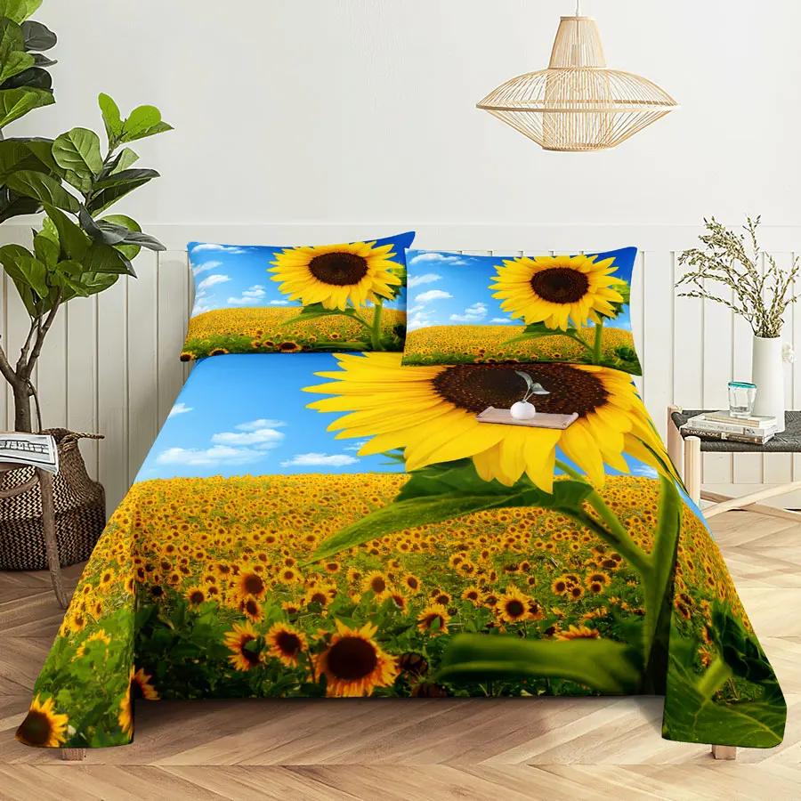 Sunflower Bed Sheets and Pillowcases for Single Double Beds Bedsheets Set with Pillow Case 2pcs 3pcs Queen Full Size 3D Soft