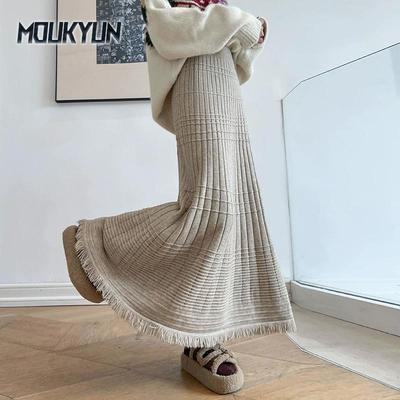 Koreanische Mode Herbst Winter Damen Midi Warmer Rock Hohe Taille Beige Schwarz Khaki Strickrock Quaste Meerjungfrau Gestrickt Dicke Röcke