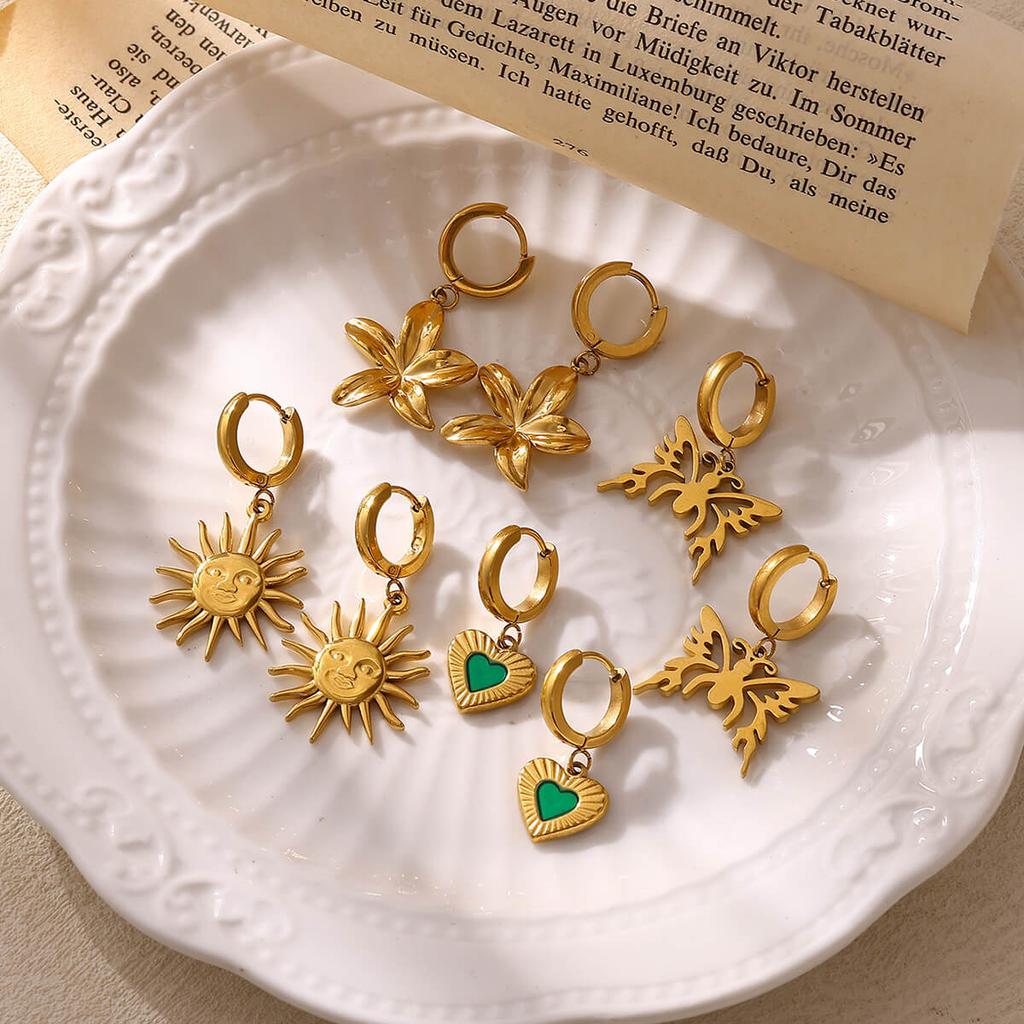 Lily Flower Pendant Hoop Earrings For Women Elegant Gold Color Geometry Heart Stainless Steel Hanging Earring Jewelry Party Gift