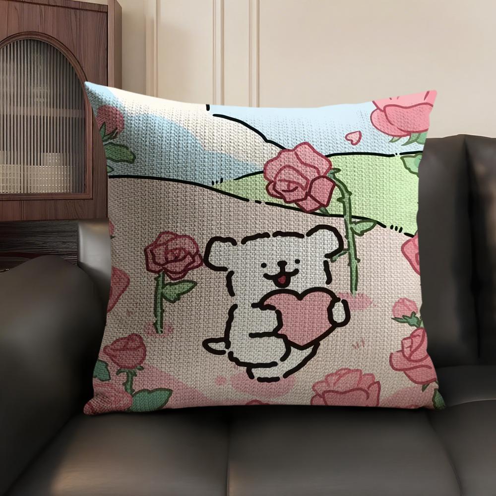 Cute Lover Korean Line P-Puppy Cushion Cover Natural Linen Organic Fabric Double-Sided Printing Sofa Home Decor Gift Pillow Case