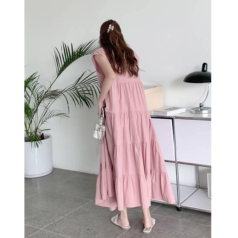 Patchwork Solid Color Long Skirt Sleeveless Commuter Crew Neck Dress