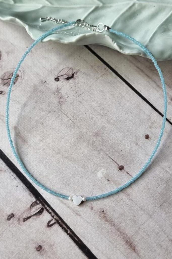 Blue Beaded Choker • Handmade Necklace with Freshwater Shell Heart