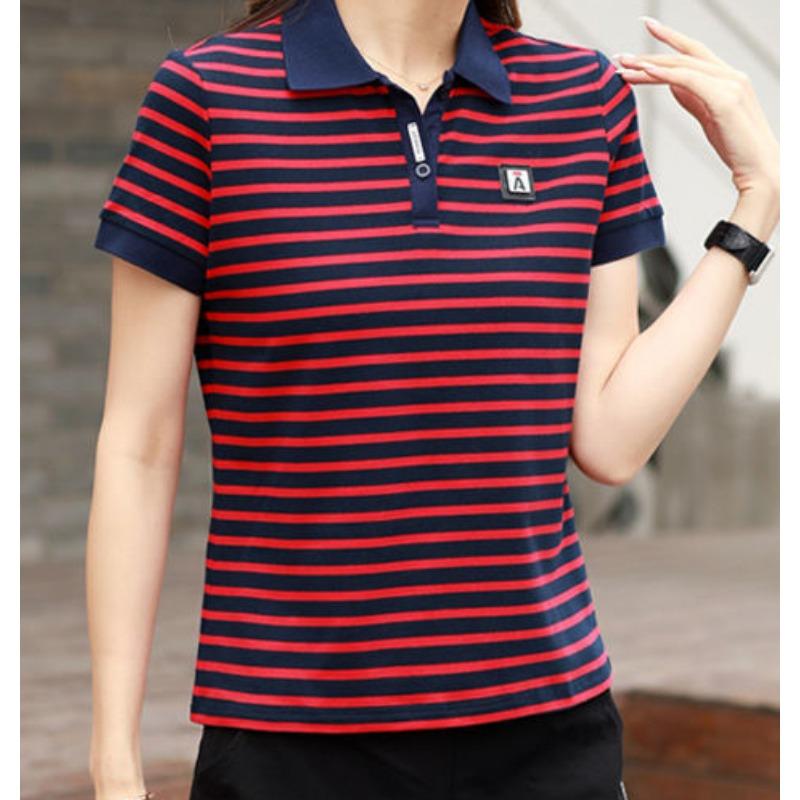 YYFS Damemote Uformelt sommer Vår Stripe Print Kortermet POLO-hals bluser og skjorter