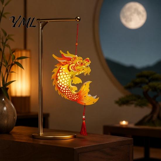 Portable Lantern Toy Chinese Dragon Fish Kit, DIY Coloring Crafts for Mid-Autumn Mid Autumn Festival Festival, Handmade Handheld Wooden Assembly Kids