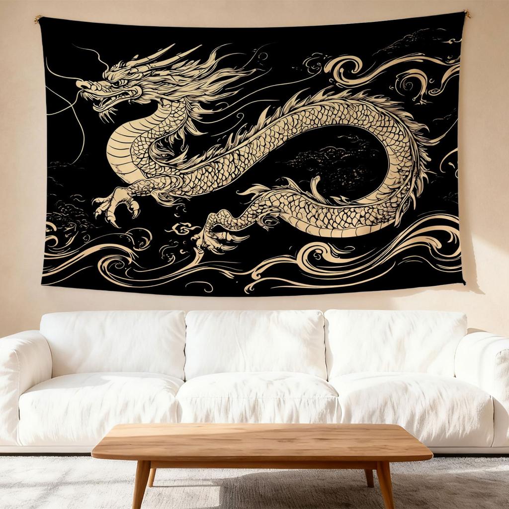 2026 Happy New Year Tapestry  Dragon Pattern Swirl Cloud Anime Home Decor Polyester Printed Wall Hanging