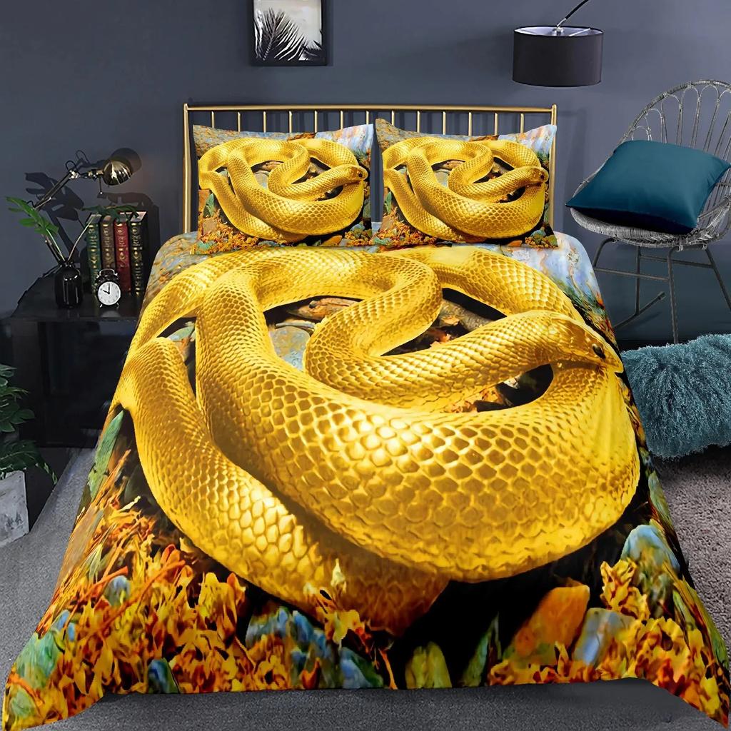 Schlangen Bettbezug Set, Schwarze Rosenblüten Rustikaler Bettdeckenbezug, 3D Aufgerollte Schlange Weißes Reptilien Bettwäscheset, Bettbezug King Size