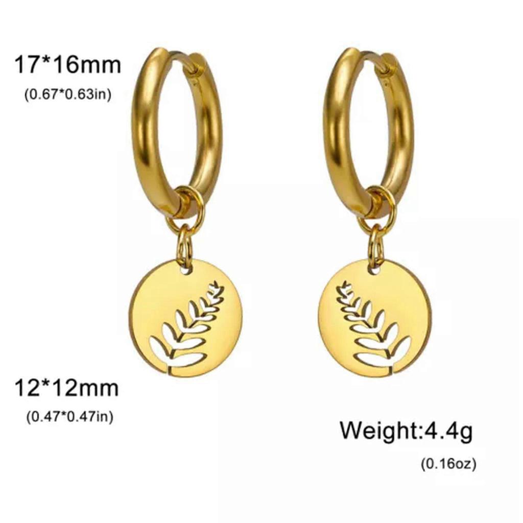 RSAMD Leaves Round Pendant Drop Earrings Women Stainless Steel Hoop Earring Jewelry-Round Gold Color