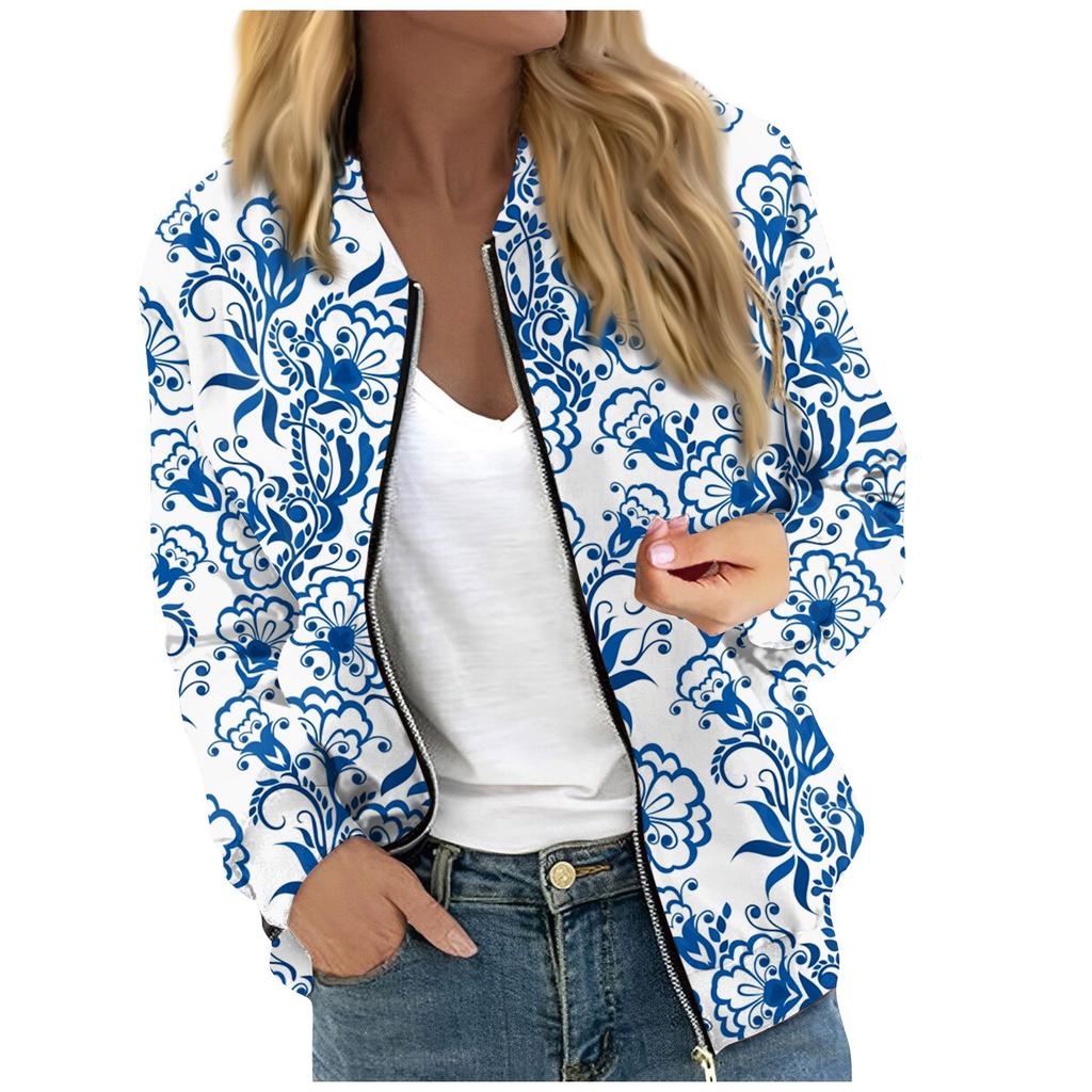Giacca da donna con cerniera, collo rotondo, stampa floreale/foglia, casual alla moda, a maniche lunghe