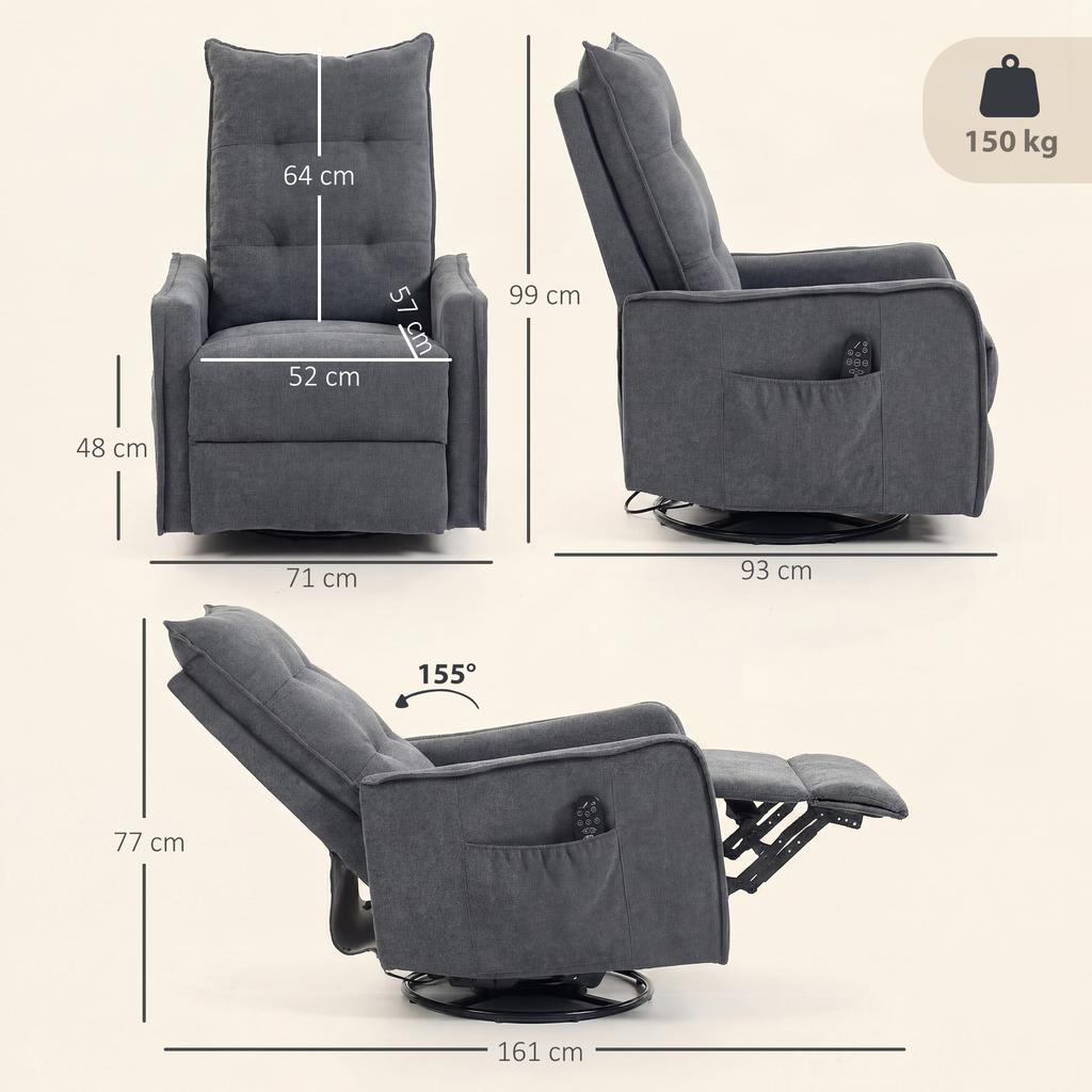 Recliner Armchair, Chenille Recliner Chair with Massage and Heat, 360 degrees Swivel Rocking Manual Recliner, Dark Grey