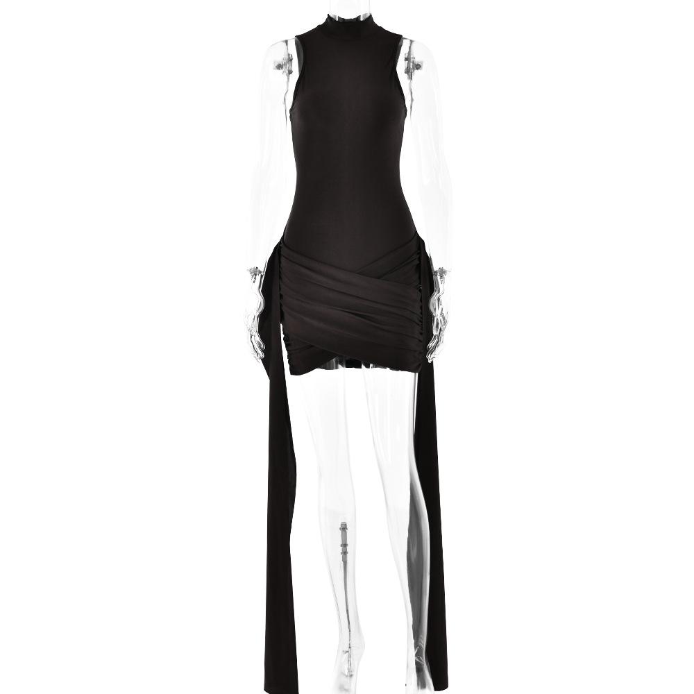 Elegant Sleeveless High Neck Elastic Slim Lace Up Dress Women Tight Party Evening Dress Elegant Short Dress