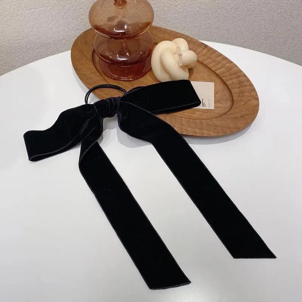 Fashion Vintage Black Velvet Bow Hair Ribbon Scrunchie for Women Girls Long Elastic Hair Tie Headwear Female Hair Accessories