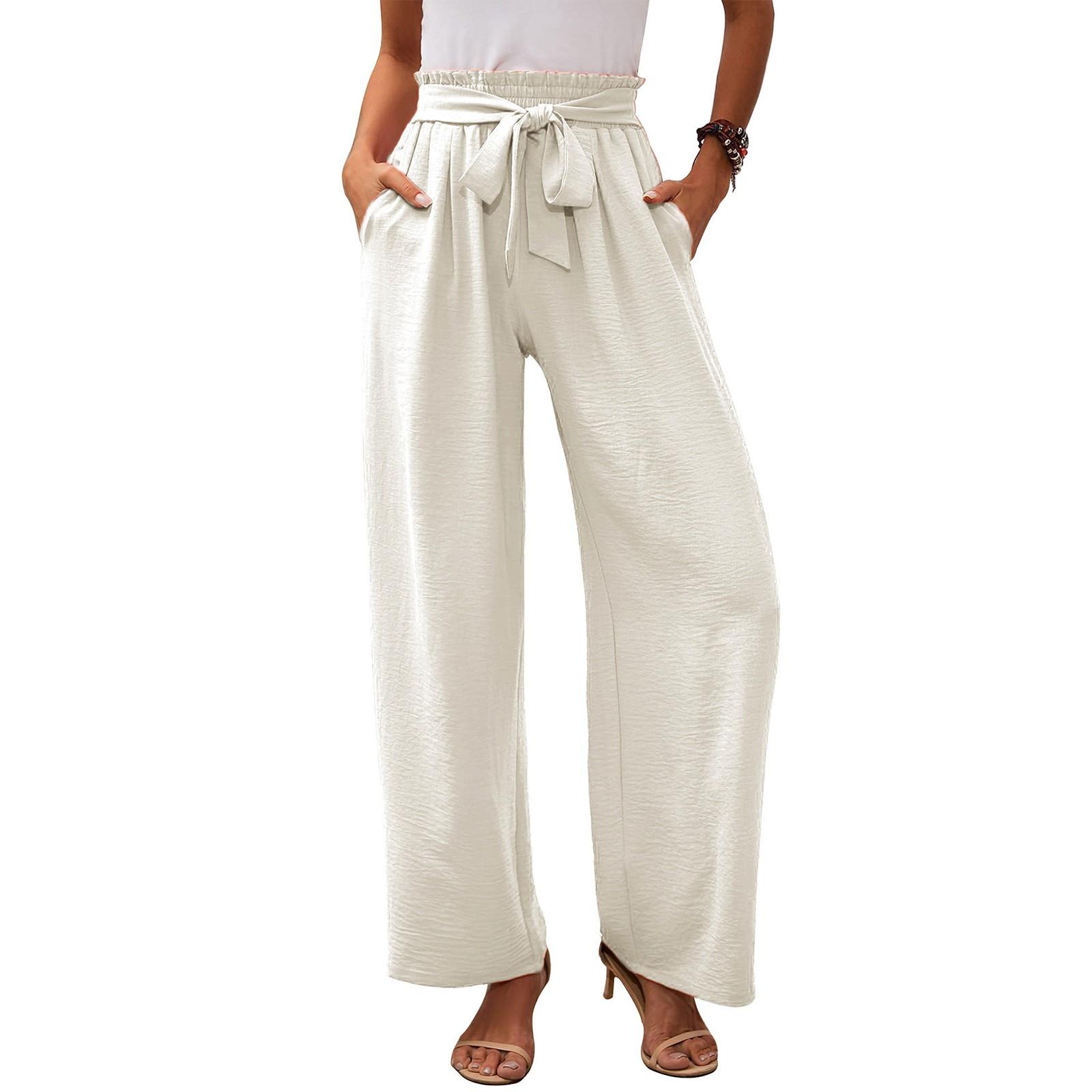 

Женские повседневные брюки с широкими штанинами и карманами, легкие свободные брюки с высокой талией и завязками XL белый