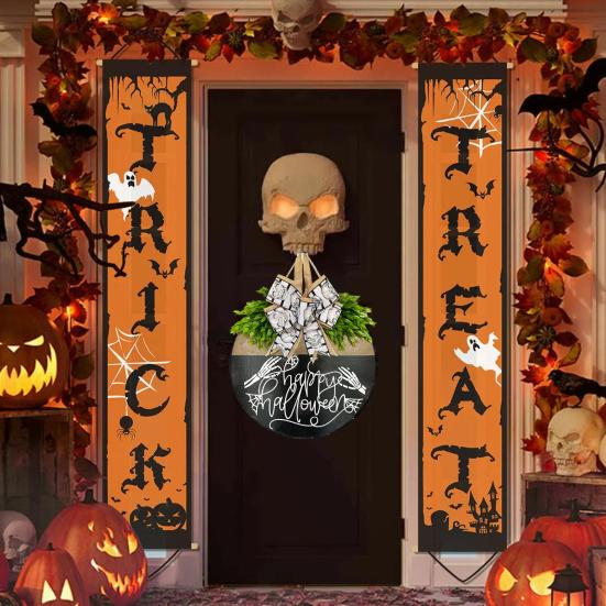 Halloween Skeleton Welcome Door Sign Artificial Leaves Bowknot Decor Indoor Outdoor Halloween Sign Family Gathering Decoration