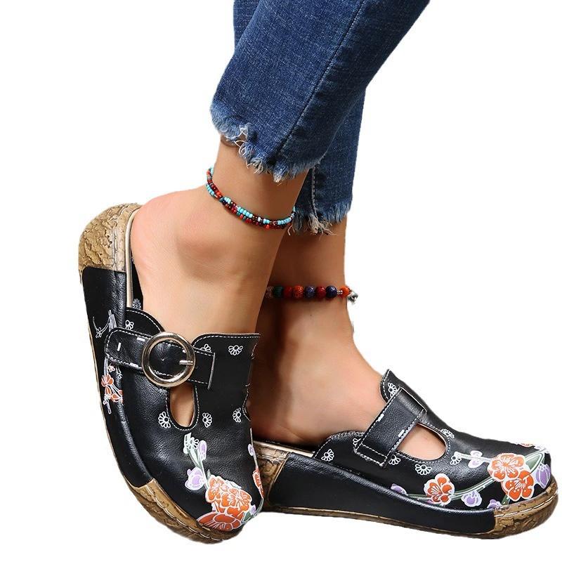 Women Print Flower Slippers Summer Fashion Flat Bottom Sandals Women Candy Color Flower Ethnic Style Slippers
