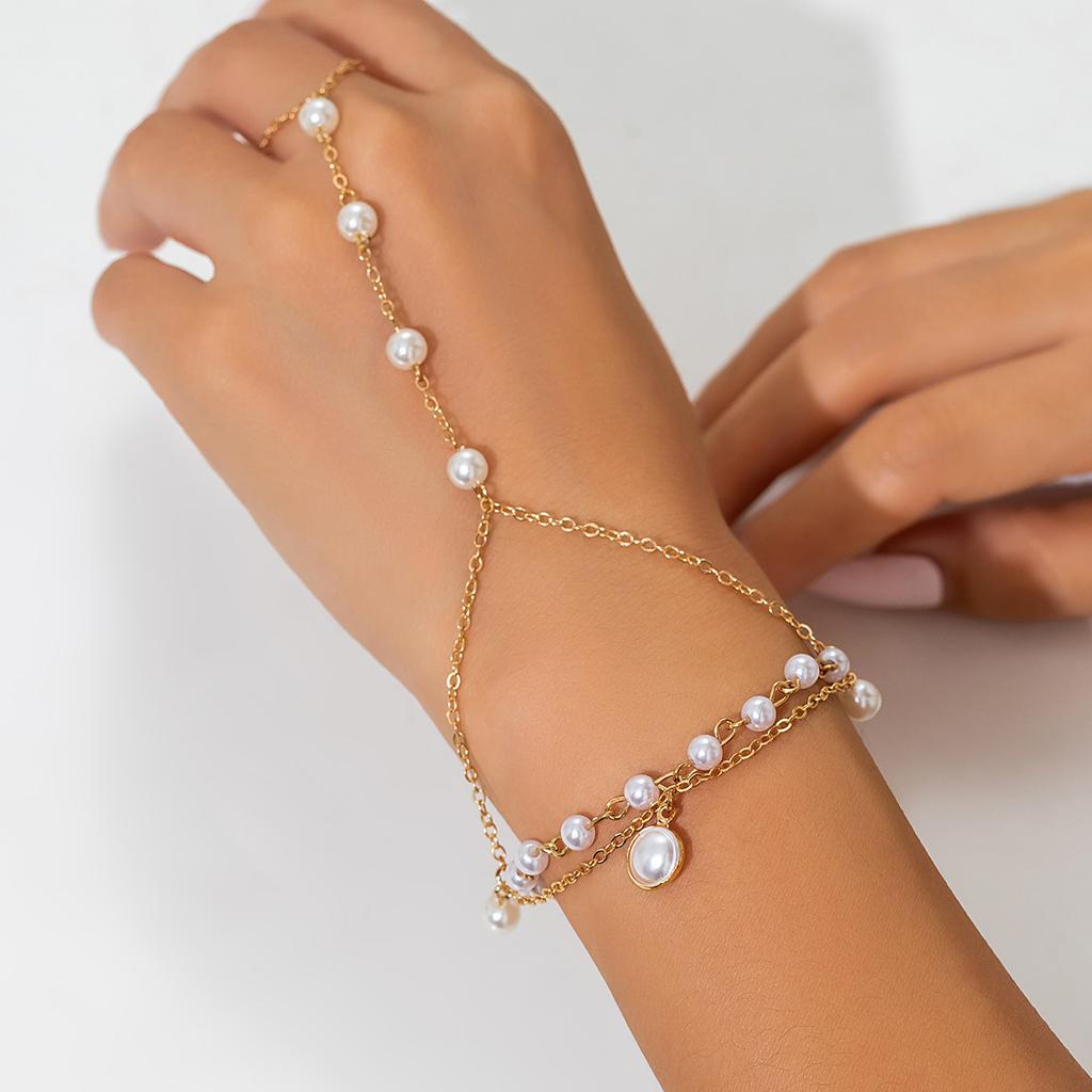 Chaîne Métallique Perle Imitation Plage, Chaîne Dorsale, Bracelet de Doigt Strass Tendance et Simple pour Femmes