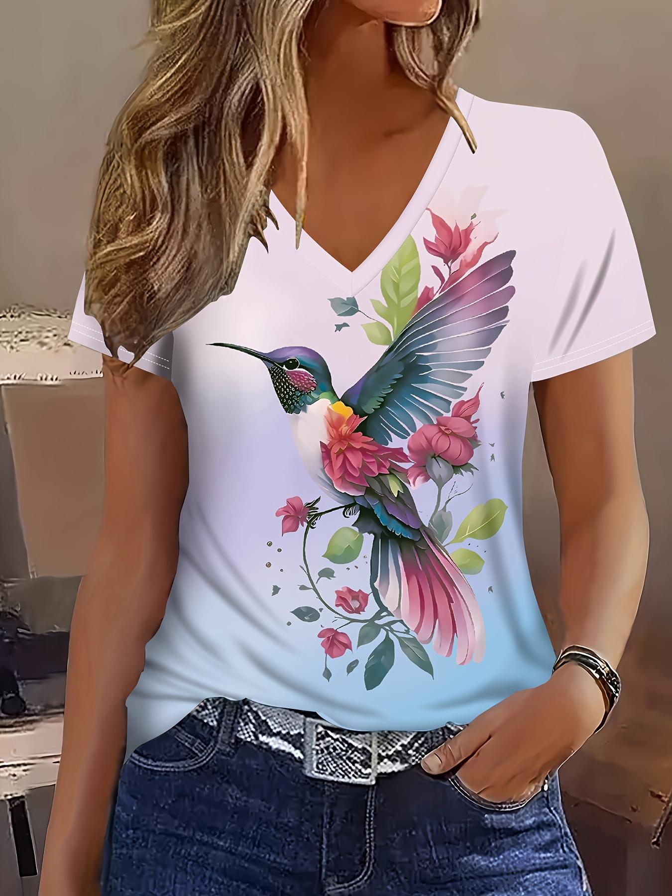 Women s Parrot Floral Gradient Print V-Neck Summer Top S