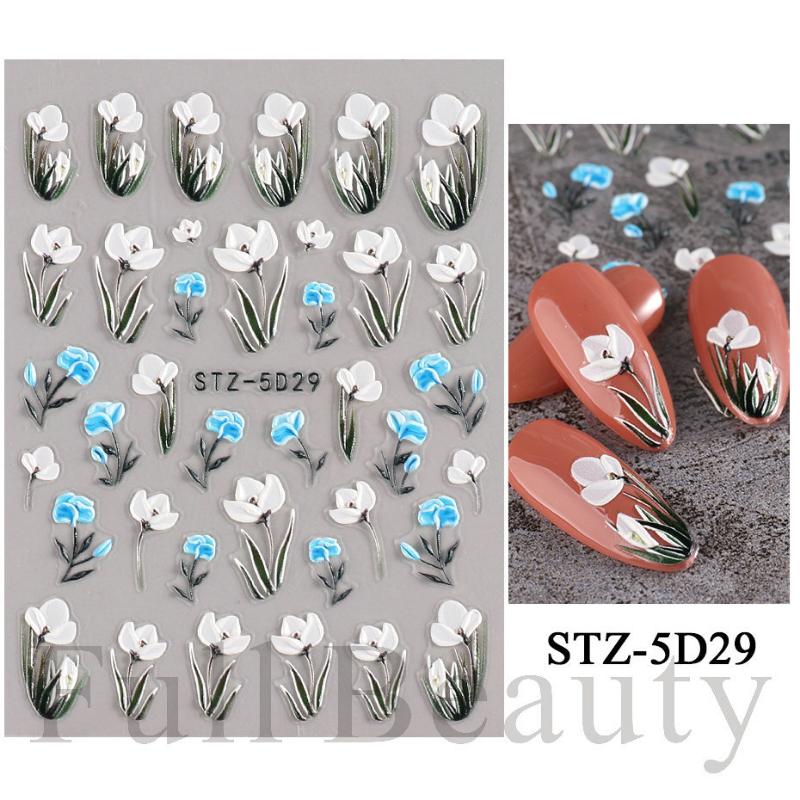 1 Sheet 5D Simple Flowers Nail Embossed Stickers Elegrant Wedding Design Adhesive Sliders Summer Textured Engraved Nail Decoration