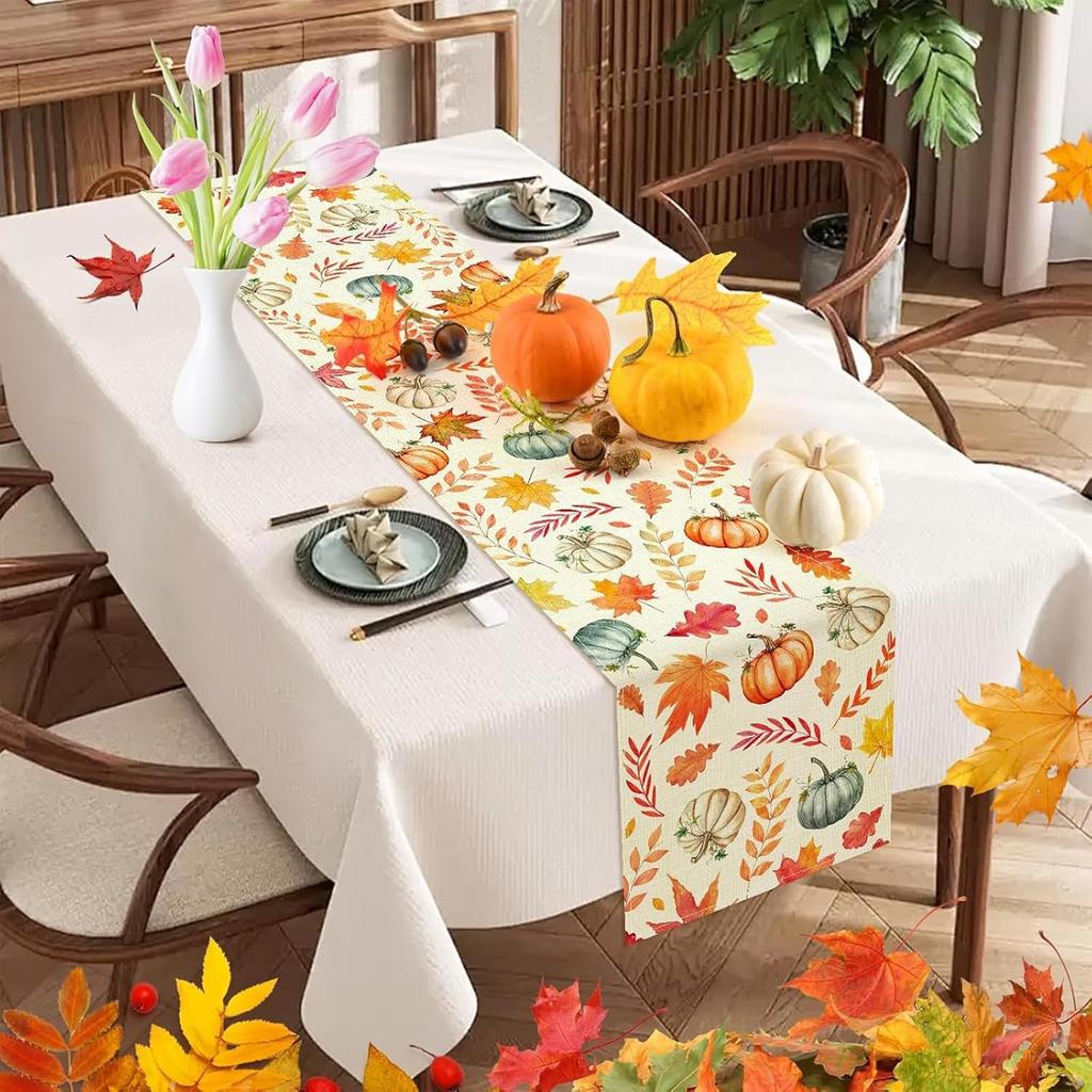 Pumpkin Buffalo Plaid Fall Table Runner, Fall Maple Leaves Kitchen Dining Table Runner Decoration for Thanksgiving Party Decor 13x72 Inch