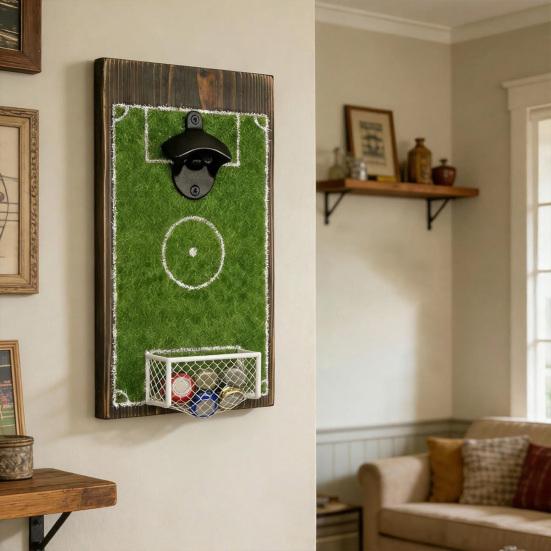 Soccer Field Bottle Opener Wall Mounted Bottle Opener with Cap Catcher Sturdy Football Field Design Beer Cap Remover Gift for Football Lovers