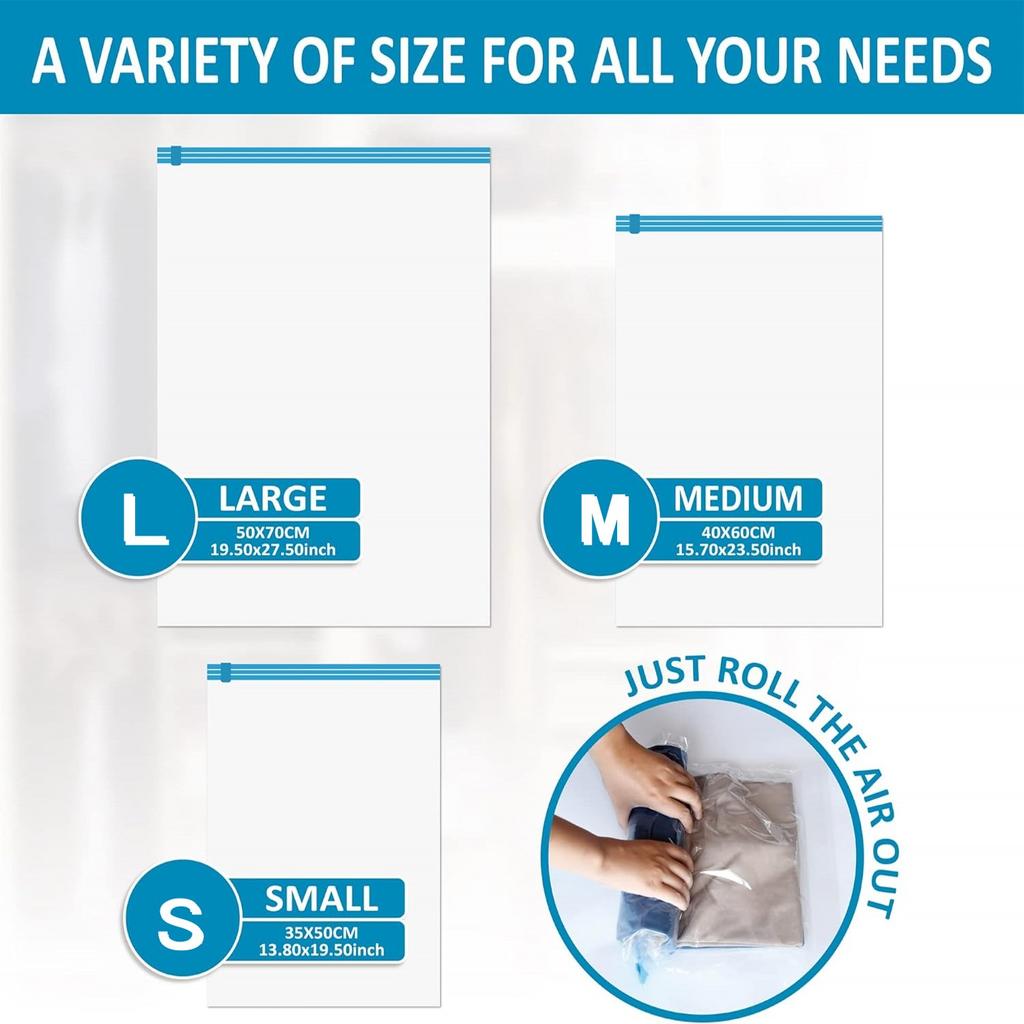 12PCS Compression Bags Travel Reusable Roll Up Vacuum Storage Bags Space Saving Packing Bags for Suitcases Organizer