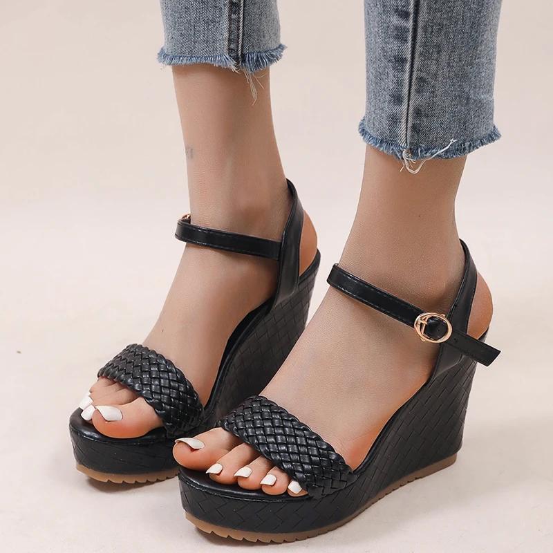 Fashion Woven Pu Leather Black Sandals for Women Summer 2025 Back Strap High Heel Sandal Female New Open Toe Platform Sandalias Mujer